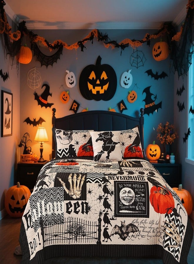 EVENHUG 4 Piece Halloween Bedding Set Quilted Bedspread with Throw Pillow for Home Décor (Halloween A, Queen) - Image 3