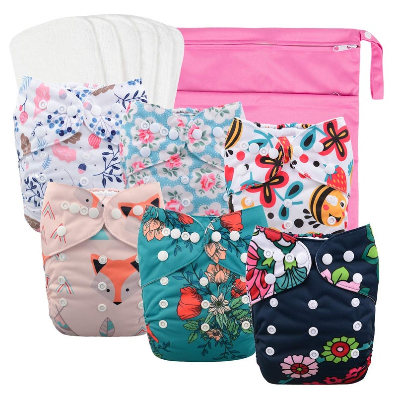 babygoal Baby Reusable Cloth Diapers 6 Pack+6pcs Rayon from Bamboo Inserts+Wet Bag, One Size Adjustable Washable Pocket Nappy Covers for Boys 6FB41 - Image 1