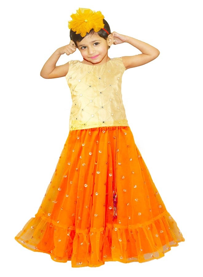 HIBA Kids Baby Girl's Net Sequence booti Readymade Lehenga Choli golden top and orange bottom 5-6 years - Image 2