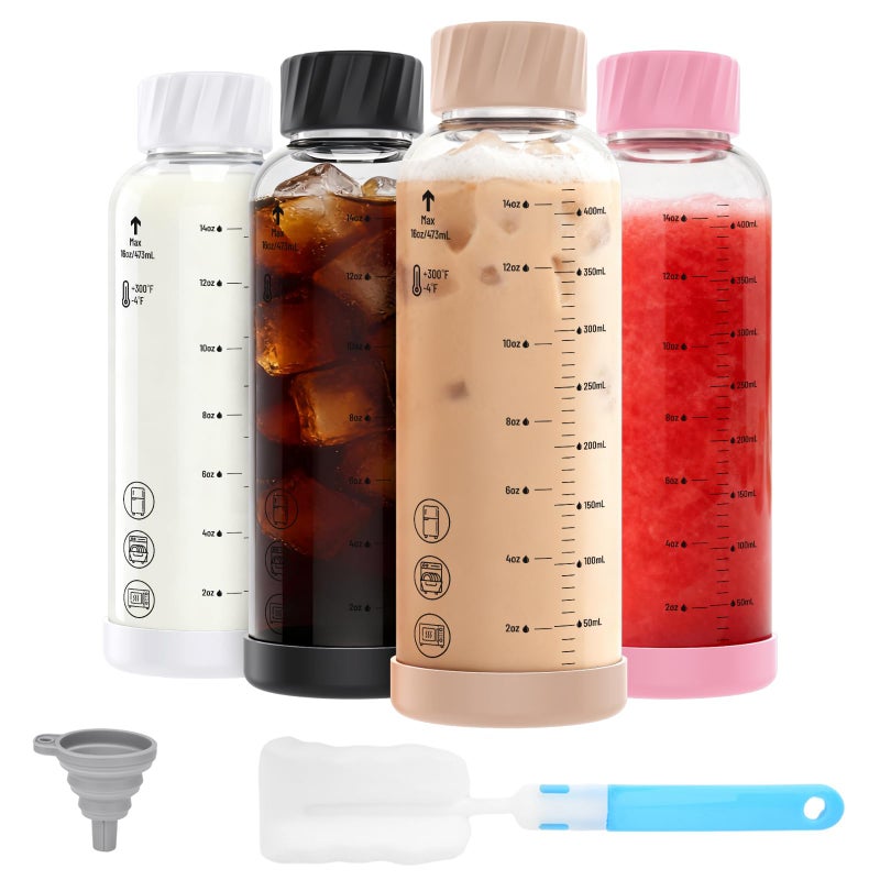 Luxfuel 16 oz Glass Juice Bottles with Lids, 4 Pack Borosilicate Glass Bottles with Stainless Steel Lid - Reusable, BPA-Free for Juicing, Smoothies, Infused Water & Protein Drinks, Leakproof, Clear - Image 1