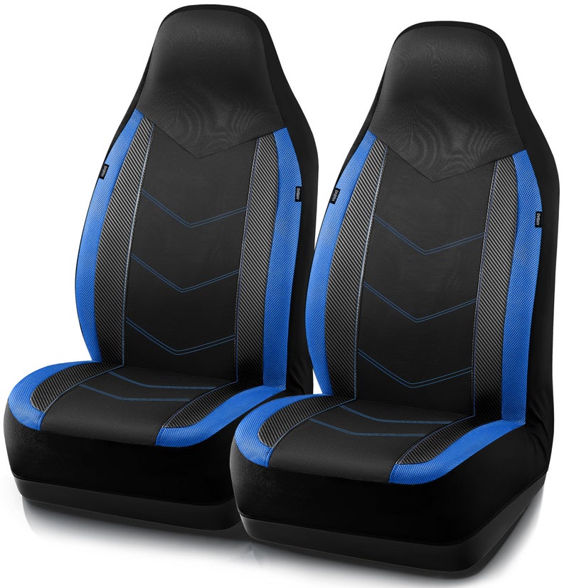 PIC AUTO Leather Car Seat Covers Sports Carbon Fiber Mesh Design HighBack Two Front Set Waterproof Automotive Seat Covers Airbag Compatible Universal Fit for Most Cars Black Blue - Image 2