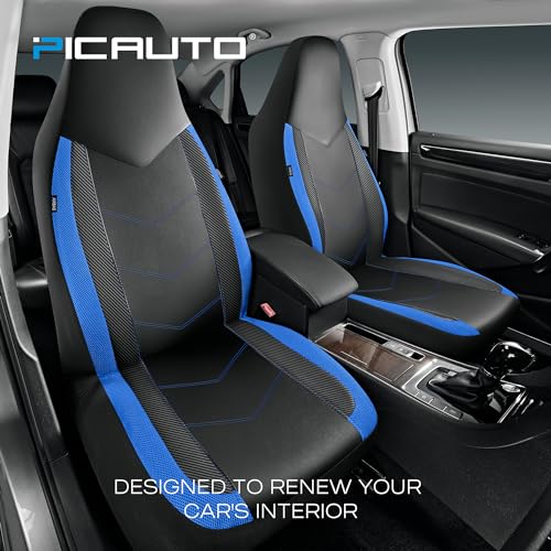 PIC AUTO Leather Car Seat Covers Sports Carbon Fiber Mesh Design HighBack Two Front Set Waterproof Automotive Seat Covers Airbag Compatible Universal Fit for Most Cars Black Blue - Image 3