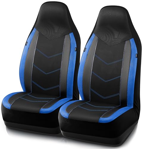 PIC AUTO Leather Car Seat Covers Sports Carbon Fiber Mesh Design HighBack Two Front Set Waterproof Automotive Seat Covers Airbag Compatible Universal Fit for Most Cars Black Blue - Image 1