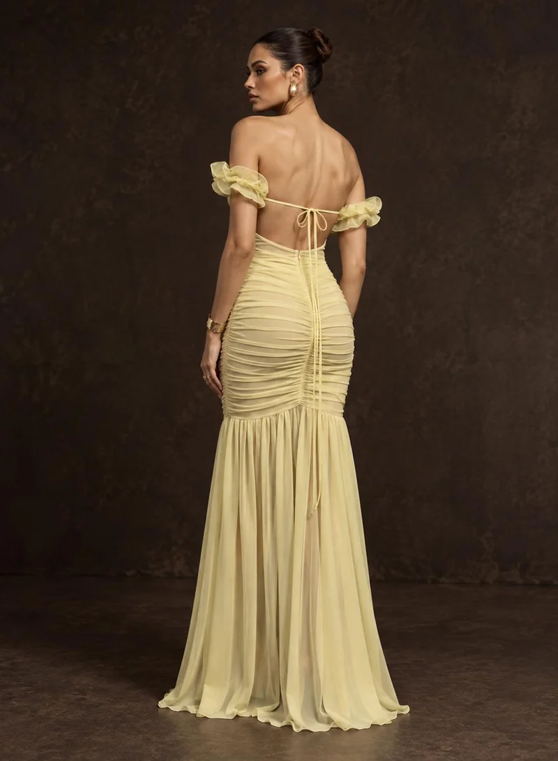 Ginger Boutique Off Shoulder 3D Floral Detail Ruched Dress