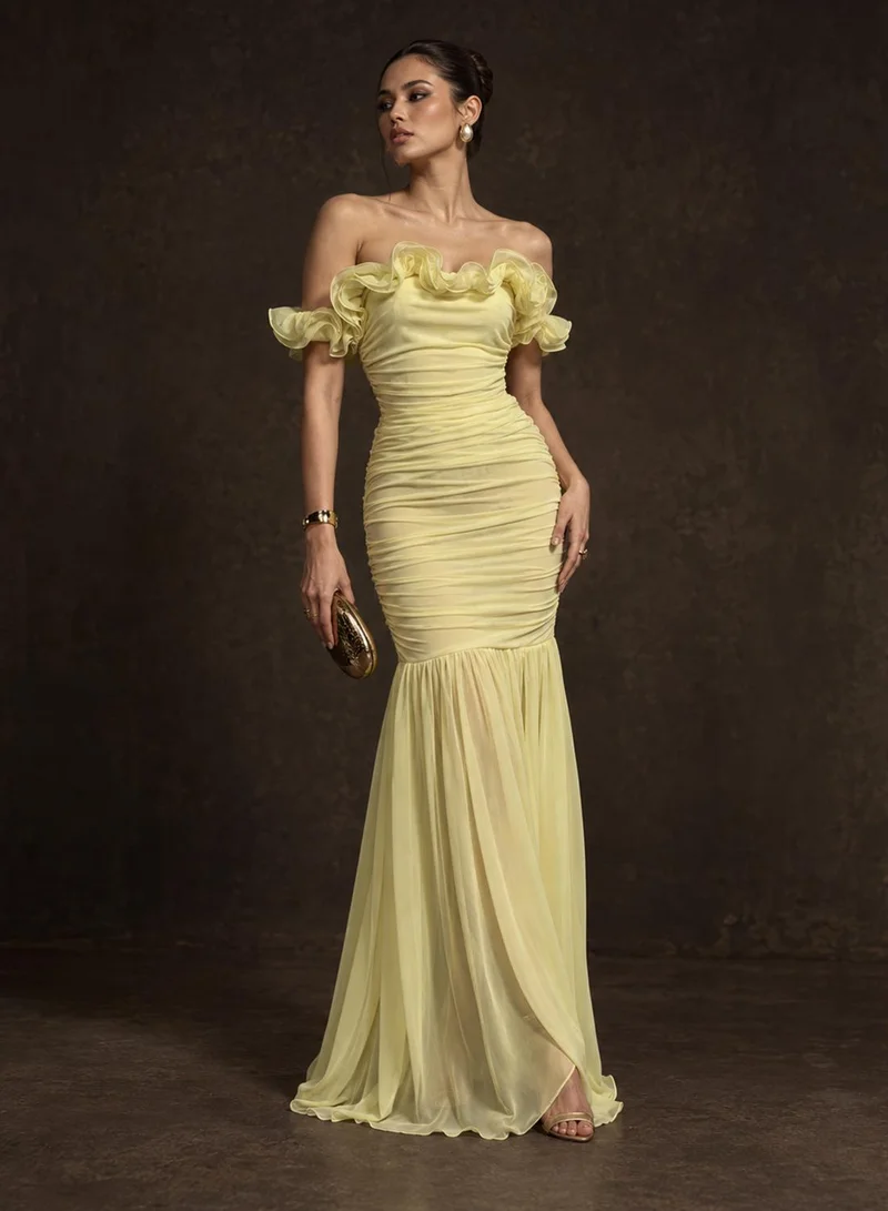 Ginger Boutique Off Shoulder 3D Floral Detail Ruched Dress