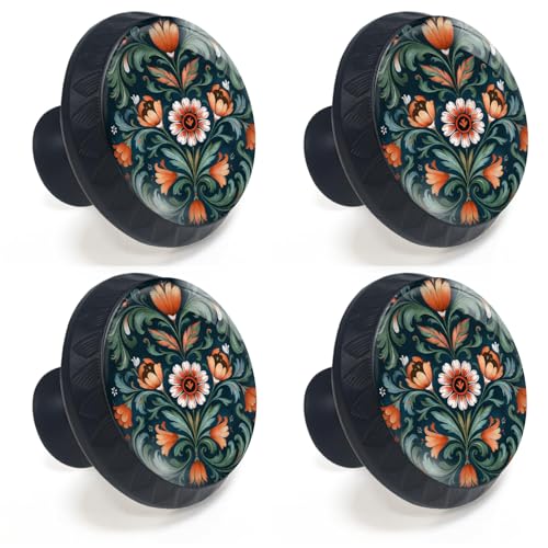 Artinhand 4 Pack Norwegian Rosemaling Folk Style Green Flower Cabinet Knobs Round Drawer Pulls Black Dresser Knob Cupboard Door Handles Hardware for Kitchen Bathroom Cabinets - Image 2