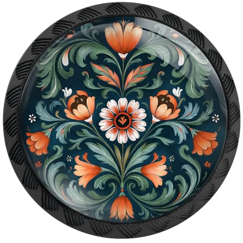 Artinhand 4 Pack Norwegian Rosemaling Folk Style Green Flower Cabinet Knobs Round Drawer Pulls Black Dresser Knob Cupboard Door Handles Hardware for Kitchen Bathroom Cabinets - Image 1