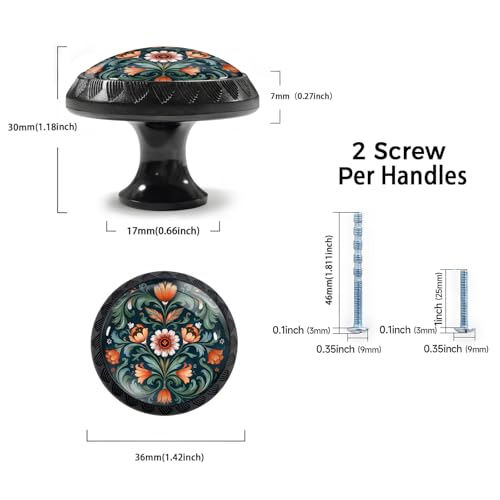 Artinhand 4 Pack Norwegian Rosemaling Folk Style Green Flower Cabinet Knobs Round Drawer Pulls Black Dresser Knob Cupboard Door Handles Hardware for Kitchen Bathroom Cabinets - Image 3