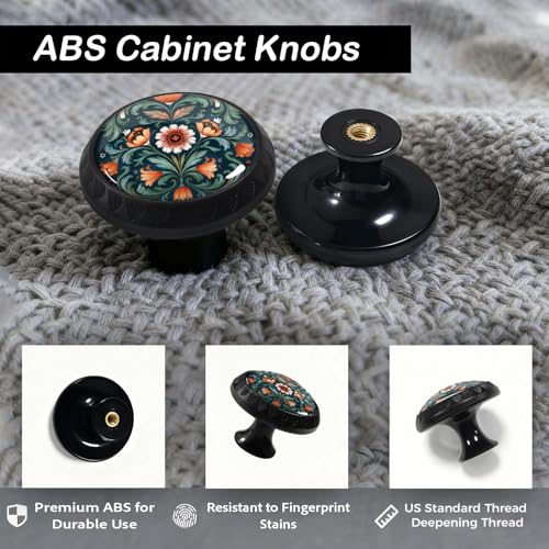 Artinhand 4 Pack Norwegian Rosemaling Folk Style Green Flower Cabinet Knobs Round Drawer Pulls Black Dresser Knob Cupboard Door Handles Hardware for Kitchen Bathroom Cabinets - Image 4
