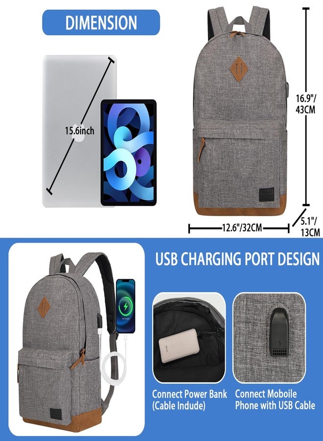 Goloni Classic Backpack with USB Charging Port,Water Resistant Travel Backpack for Men & Women,Laptop Backpack, Grey, 17.3inch - Image 2