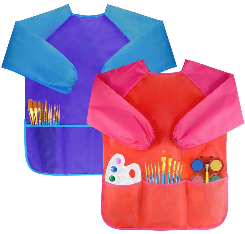 Bassion 2 Pack Kids Art Smocks Toddler Smock Waterproof Artist Painting Aprons Long Sleeve with 3 Pockets for Age 2-6 Years Gifts(blue purple) - Image 1