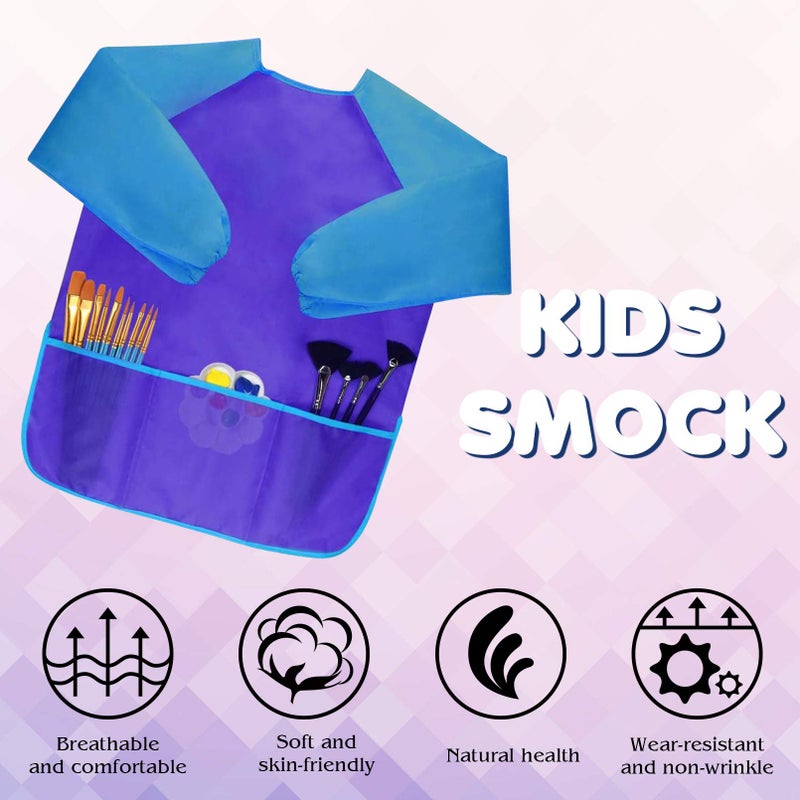 Bassion 2 Pack Kids Art Smocks Toddler Smock Waterproof Artist Painting Aprons Long Sleeve with 3 Pockets for Age 2-6 Years Gifts(blue purple) - Image 3