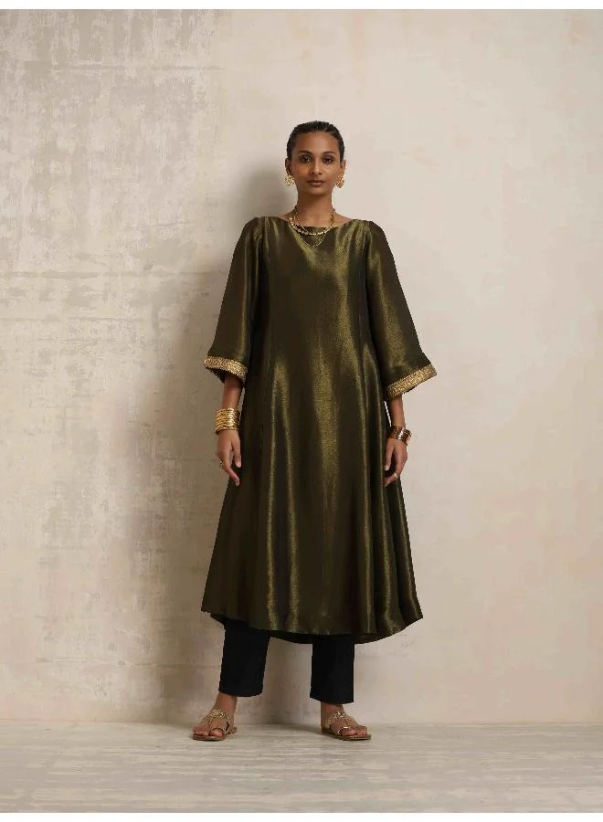 trueBrowns Olive Green Tissue Flared Anarkali Kurta Set