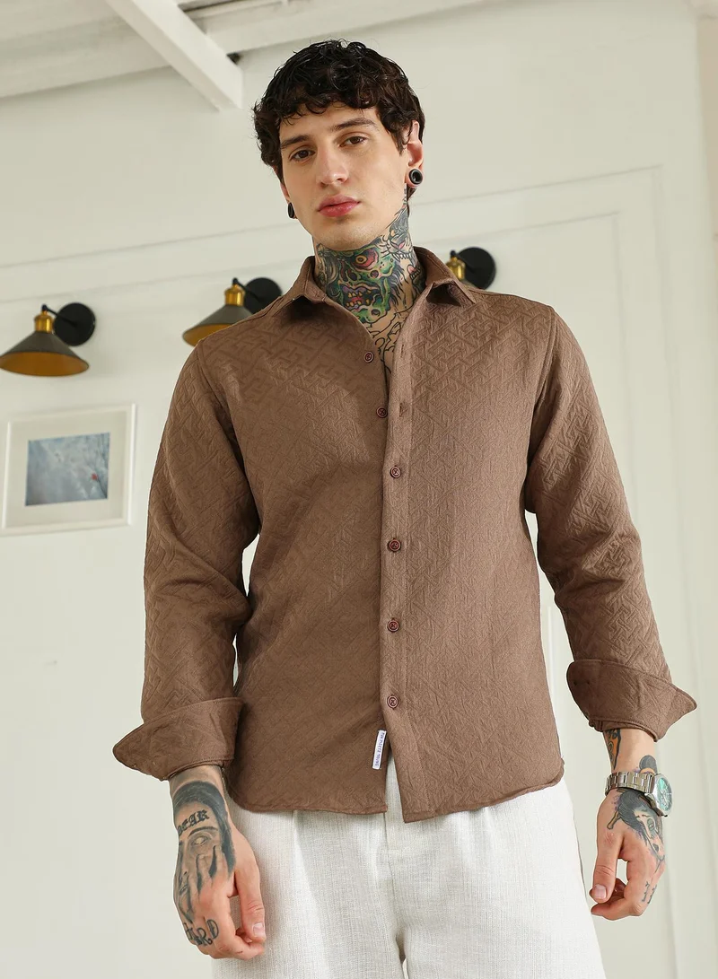 Campus Sutra Men's Textured Brown Cotton Blend Full Sleeve Shirt