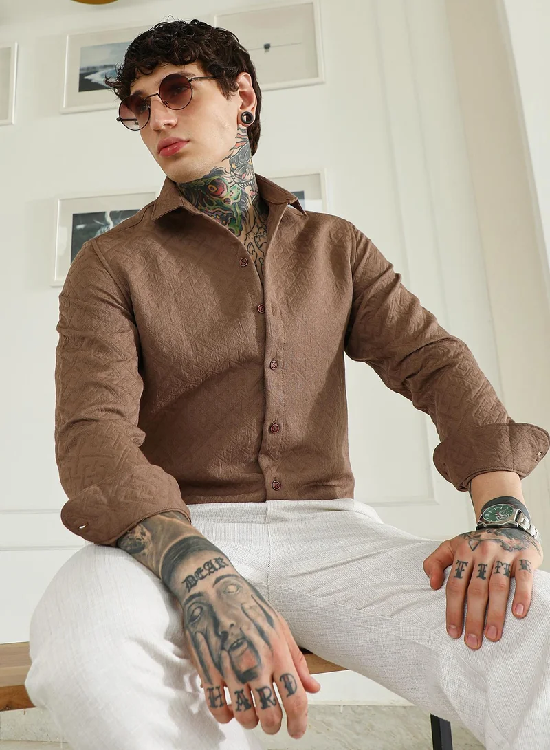 Campus Sutra Men's Textured Brown Cotton Blend Full Sleeve Shirt