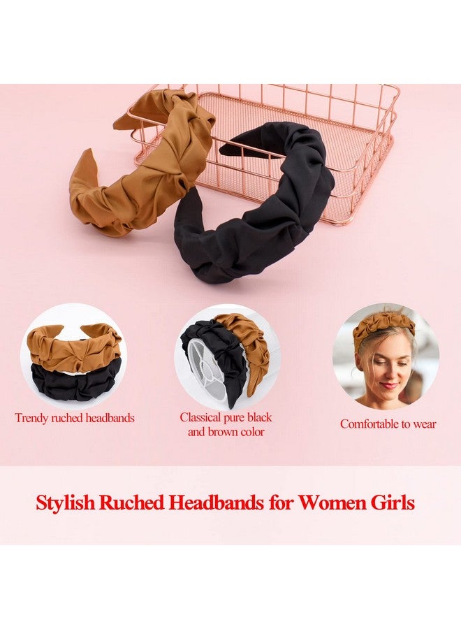 BEGOOD Egood Knot Headband For Women Black Designer Headband Ruffled Womens Fashion Headbands Brown Ruched Top Knot Headband Hair Accessories For Girls 2Pcs - Image 4