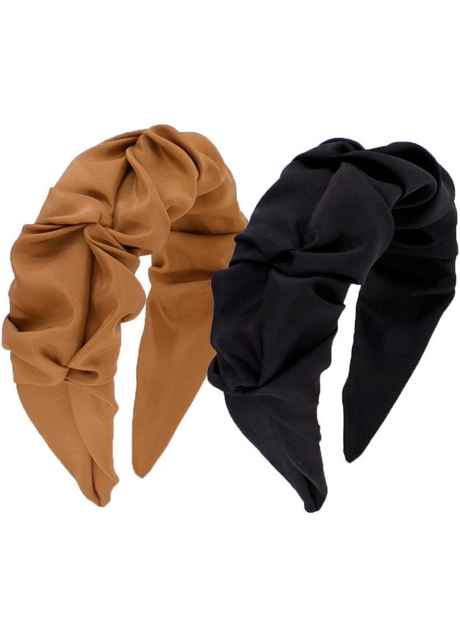BEGOOD Egood Knot Headband For Women Black Designer Headband Ruffled Womens Fashion Headbands Brown Ruched Top Knot Headband Hair Accessories For Girls 2Pcs - Image 2