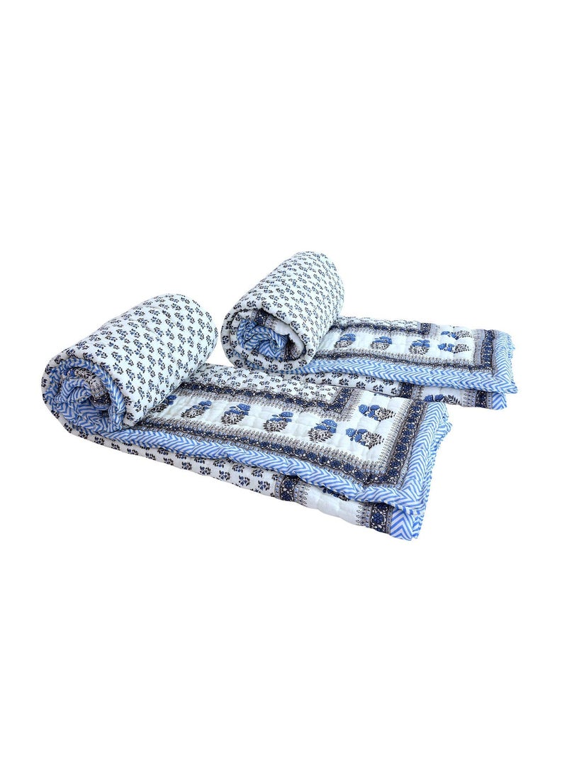 THROW KING THROW KING Rajasthani Hand Mede Jaipuri RajaiRazai Shade Single Bed Pure Cotton Jaipuri RazaiRajaiQuiltBlanketDohar55X85 inch Set of 2 Blue  - Image 2