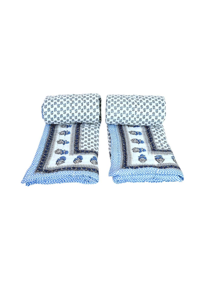 THROW KING THROW KING Rajasthani Hand Mede Jaipuri RajaiRazai Shade Single Bed Pure Cotton Jaipuri RazaiRajaiQuiltBlanketDohar55X85 inch Set of 2 Blue  - Image 3