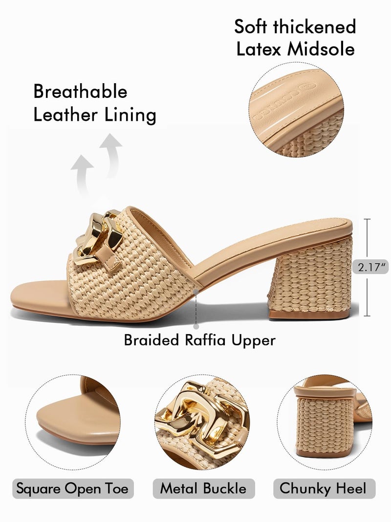 Coutgo Womens Raffia Slide Sandals Chunky Block Heeled Square Open Toe Metal Chain Slip on Mules Dressy Shoes, Khaki, Size 7 - Image 4