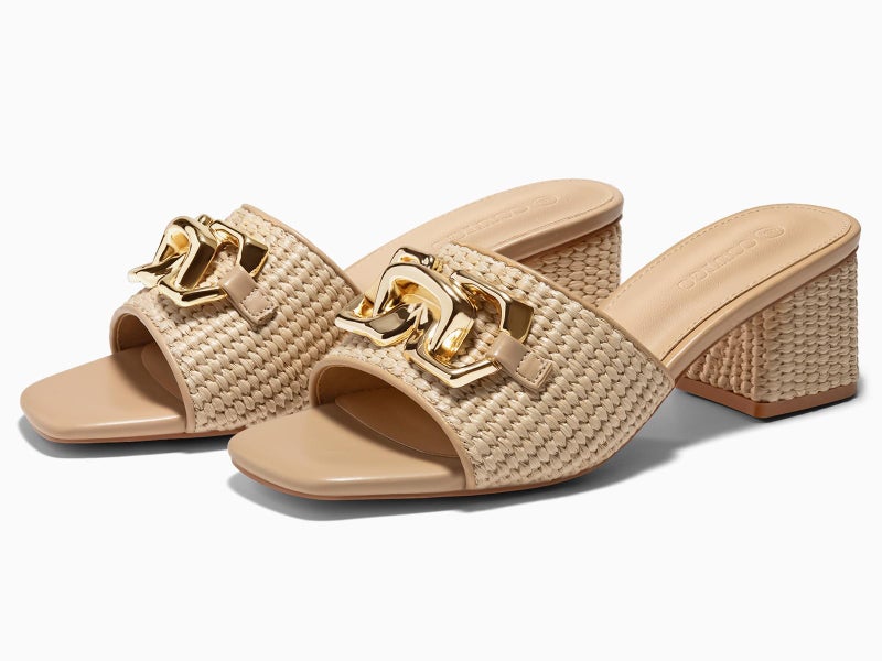 Coutgo Womens Raffia Slide Sandals Chunky Block Heeled Square Open Toe Metal Chain Slip on Mules Dressy Shoes, Khaki, Size 7 - Image 5