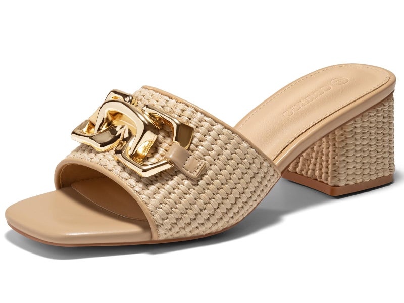 Coutgo Womens Raffia Slide Sandals Chunky Block Heeled Square Open Toe Metal Chain Slip on Mules Dressy Shoes, Khaki, Size 7 - Image 1