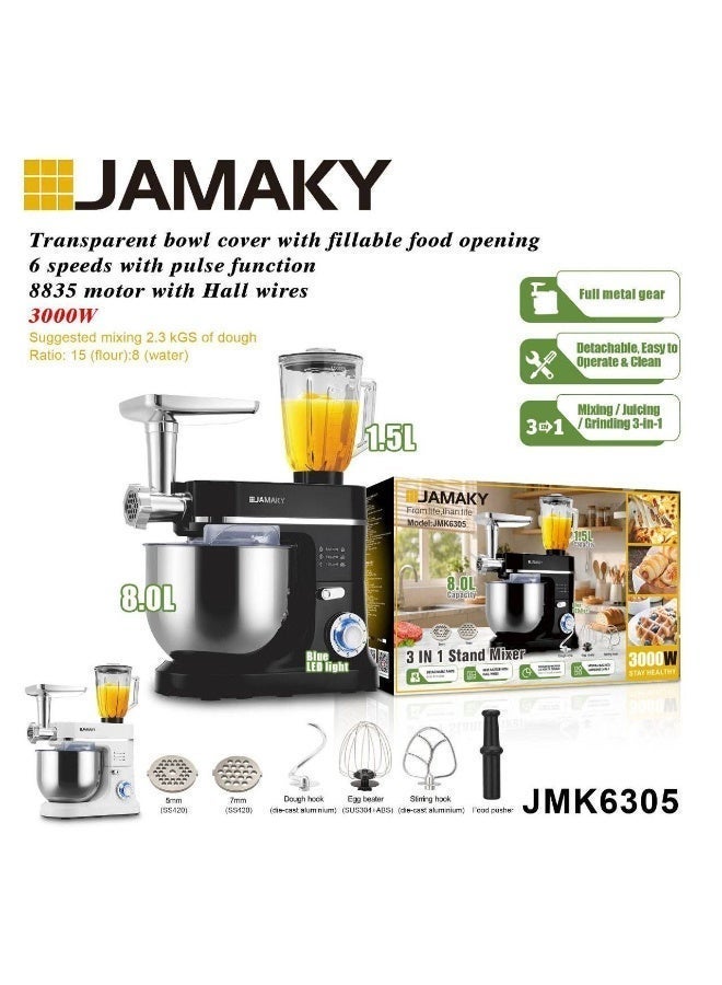 Jamaky Italy عجان استاند ميكسر 3 في 1، عجان 8 لتر+ خلاط + مفرمة، جاماكي موديل JMK6305،  قوة 3000 وات - Image 3