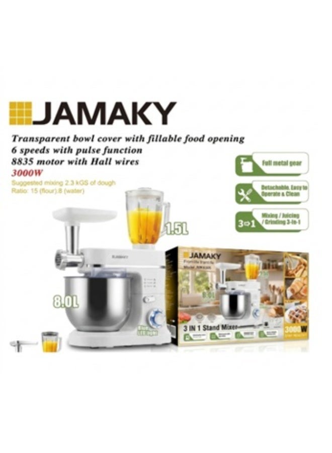 Jamaky Italy عجان استاند ميكسر 3 في 1، عجان 8 لتر+ خلاط + مفرمة، جاماكي موديل JMK6305،  قوة 3000 وات - Image 1
