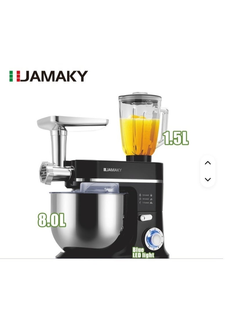 Jamaky Italy عجان استاند ميكسر 3 في 1، عجان 8 لتر+ خلاط + مفرمة، جاماكي موديل JMK6305،  قوة 3000 وات - Image 2