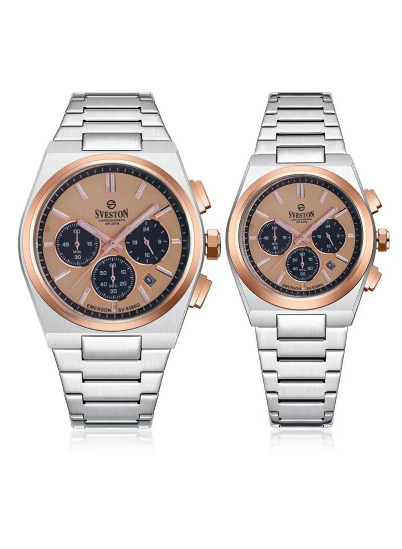 Sveston Emerson Chronograph Quartz Silver Stainless Steel Couple Set Watch SV 9386 - Image 1