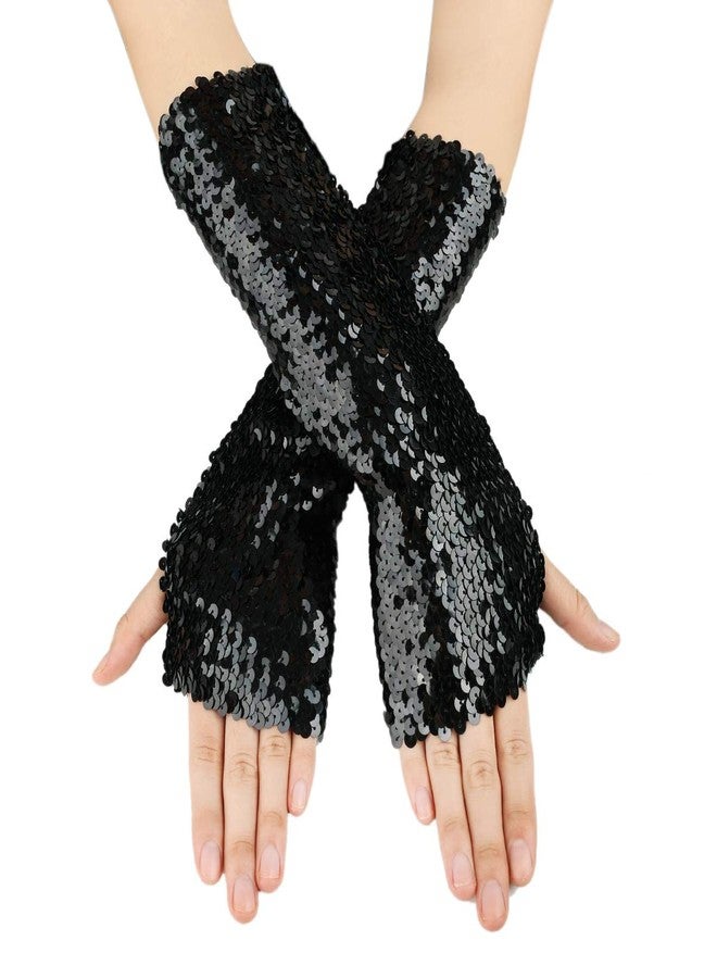 جيسن قفازات جيسن اللامعة المزينة بالترتر، بأكمام طويلة، وواقية للذراعين، ومرنة، وبدون أصابع - أسود - Image 5