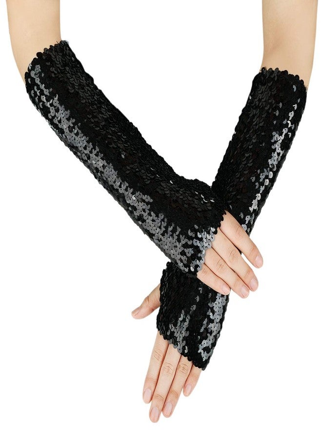 جيسن قفازات جيسن اللامعة المزينة بالترتر، بأكمام طويلة، وواقية للذراعين، ومرنة، وبدون أصابع - أسود - Image 1