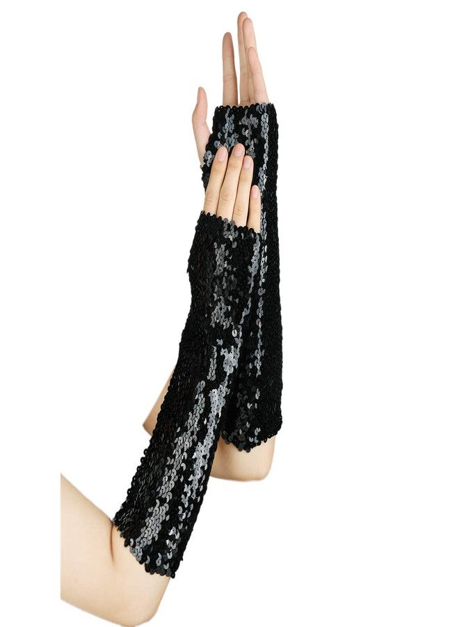 جيسن قفازات جيسن اللامعة المزينة بالترتر، بأكمام طويلة، وواقية للذراعين، ومرنة، وبدون أصابع - أسود - Image 3