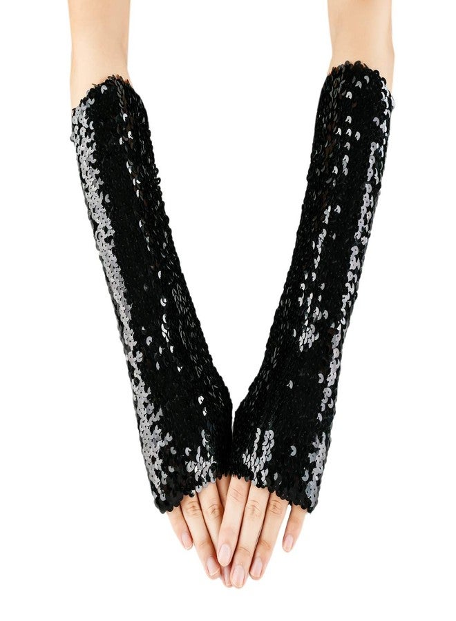 جيسن قفازات جيسن اللامعة المزينة بالترتر، بأكمام طويلة، وواقية للذراعين، ومرنة، وبدون أصابع - أسود - Image 4