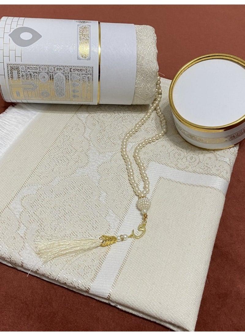 Sin@rasta - Dowry Gift Boxed Kaaba Patterned Cream Prayer Rug Set Luxury Taffeta Prayer Rug Pearl Prayer Beads - Image 1
