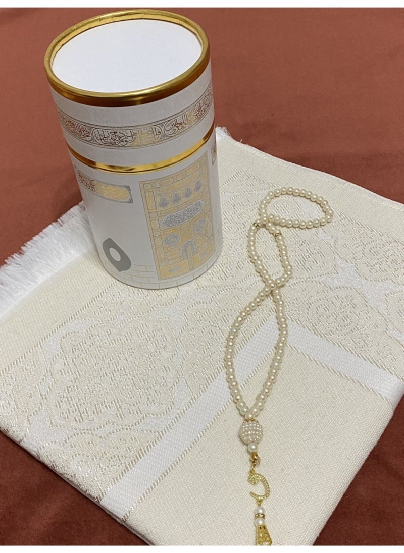 Sin@rasta - Dowry Gift Boxed Kaaba Patterned Cream Prayer Rug Set Luxury Taffeta Prayer Rug Pearl Prayer Beads - Image 1