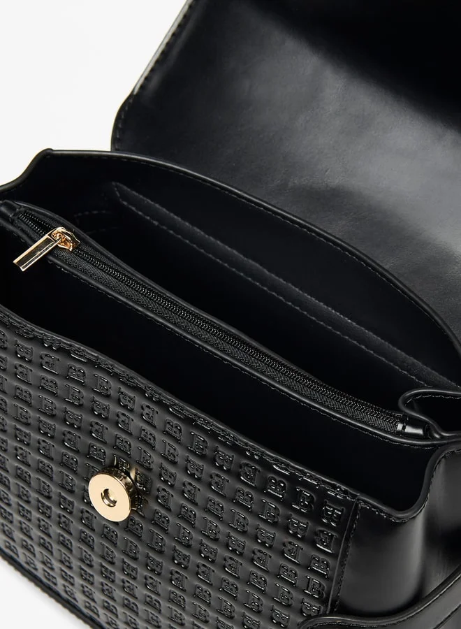 Flora Bella By Shoexpress Monogram Textured Satchel Bag with Grab Handle and Chain Strap