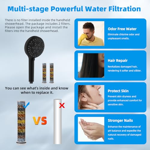 Hibbent All Metal 10'' Dual Filtered Rainfall Shower Head Combo, High Pressure Handheld Shower Head with 16'' Adjustable Extension Arm, 20 Stage Shower Filter, 10-spray, 71'' Shower Hose, Matte Black - Image 5