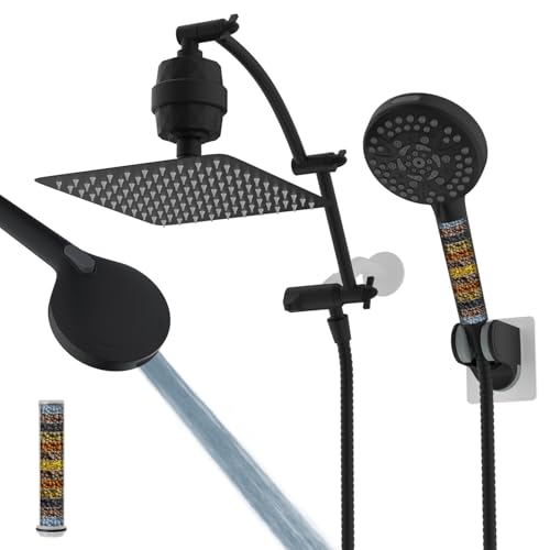 Hibbent All Metal 10'' Dual Filtered Rainfall Shower Head Combo, High Pressure Handheld Shower Head with 16'' Adjustable Extension Arm, 20 Stage Shower Filter, 10-spray, 71'' Shower Hose, Matte Black - Image 1