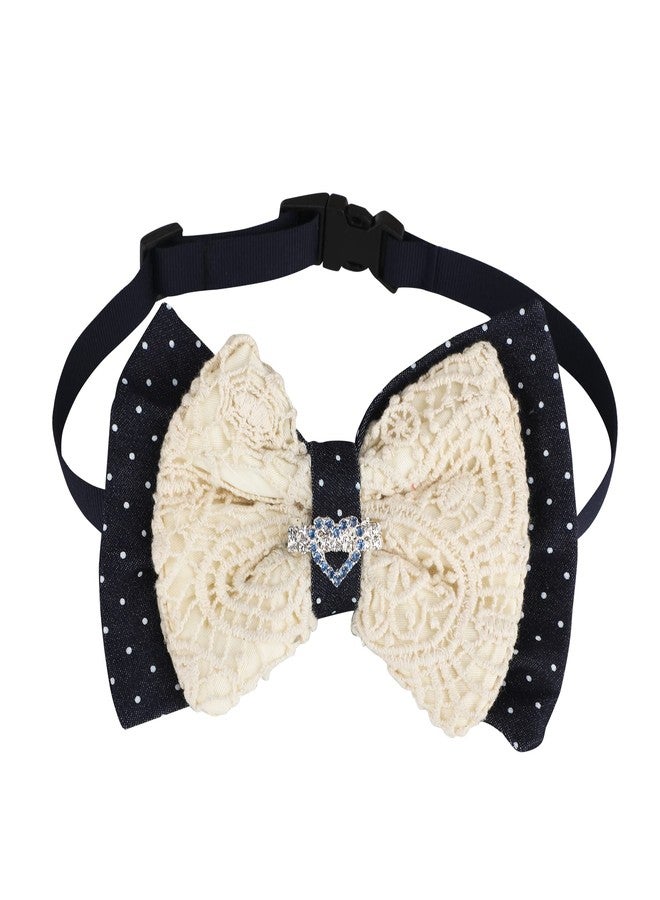 Lulala Dog Bow with Velvet and Macrame Thread Work with Detachable Brooch Pet Preppy Neckwear Elegant Bow Tie Collar,Dog Formal Wedding Birthday Party Dress-up Cosplay(L,Cream-Navy Blue) - Image 1