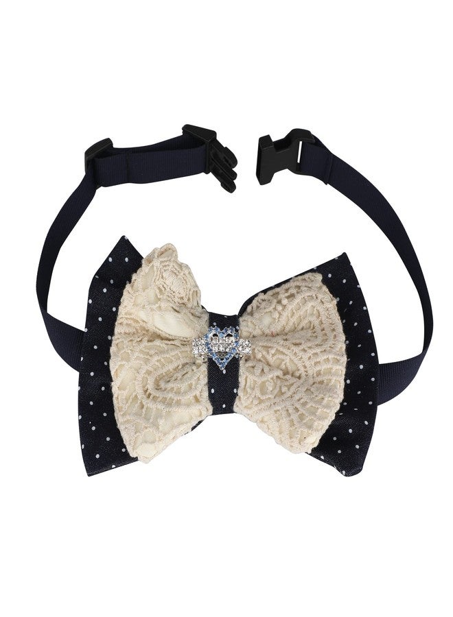 Lulala Dog Bow with Velvet and Macrame Thread Work with Detachable Brooch Pet Preppy Neckwear Elegant Bow Tie Collar,Dog Formal Wedding Birthday Party Dress-up Cosplay(L,Cream-Navy Blue) - Image 2