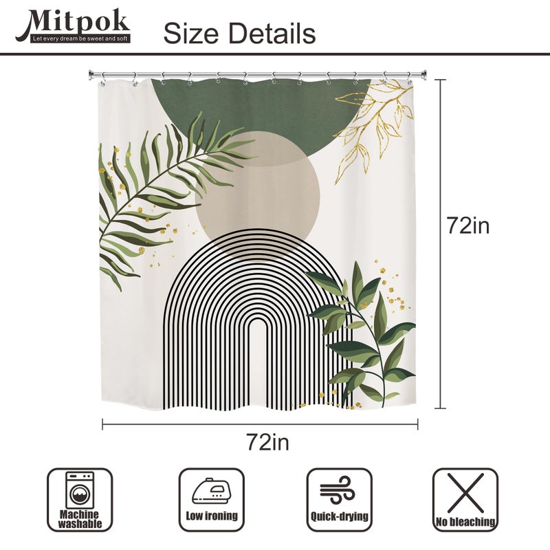 Mitpok Sage Green Boho Mid Century Shower Curtain 72Wx72H Abstract Gold Leaves Grey Modern Sun Arch Minimalist Geometric Aesthetic Plant Bathroom Decor Neutral Bath Curtain Polyester 12 Pack Hooks - Image 2