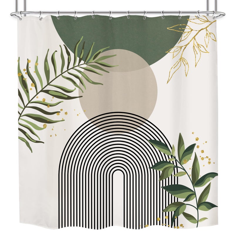 Mitpok Sage Green Boho Mid Century Shower Curtain 72Wx72H Abstract Gold Leaves Grey Modern Sun Arch Minimalist Geometric Aesthetic Plant Bathroom Decor Neutral Bath Curtain Polyester 12 Pack Hooks - Image 1