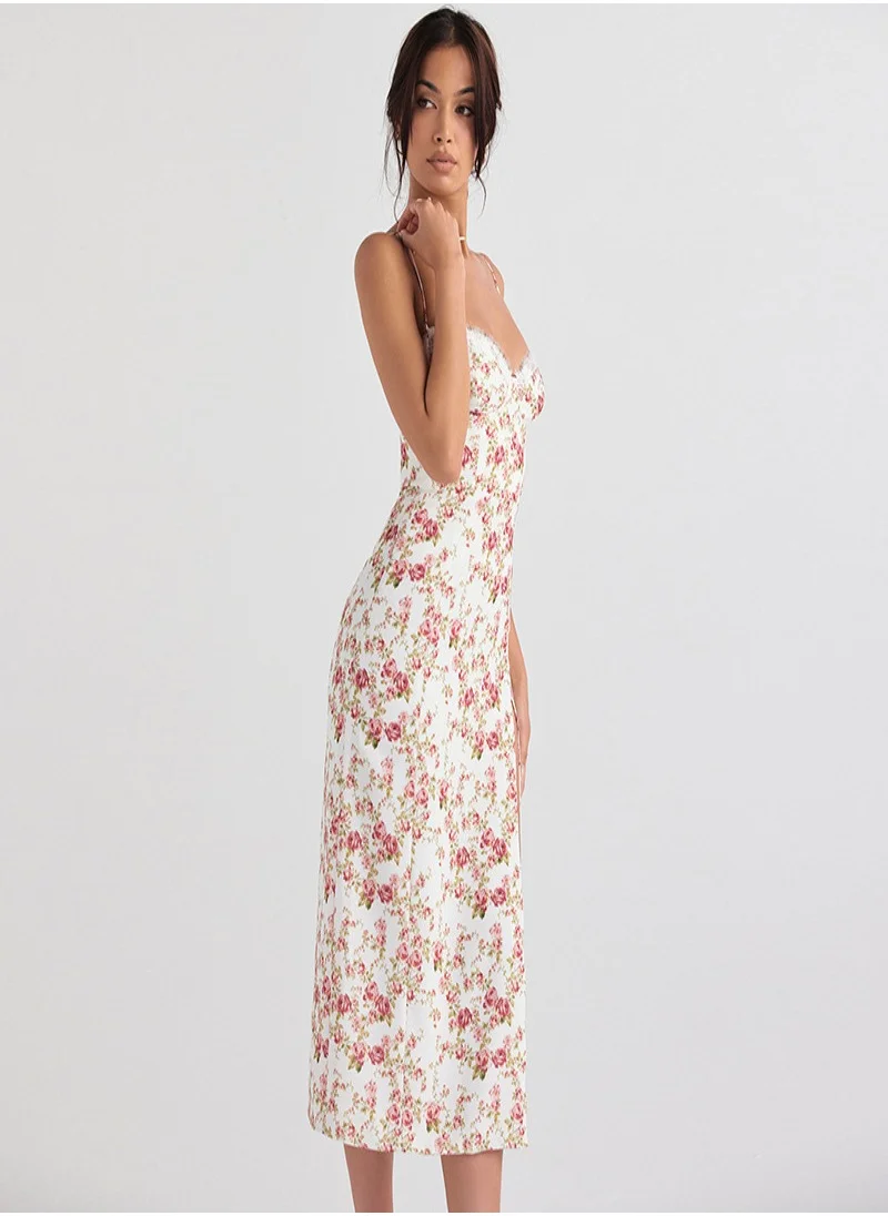 يونيكي White Floral Print Midi Dress