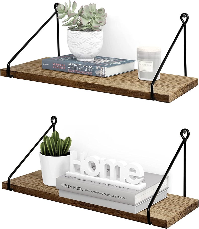 UHUD CRAFTS Wooden Wall Shelf for Living Room, Metallic Black Rustic Wall Mounted Shelves, Home Decor Items for Living Room/Bedroom, Set of 2 - Image 1