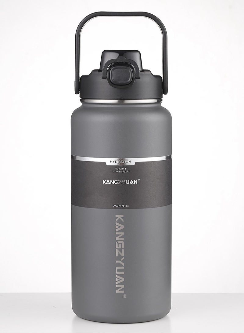 كانجزيوان زجاجة مياه معزولة من الفولاذ المقاوم للصدأ مع شفاطة 2000 مل، تحافظ على المشروبات الساخنة والباردة، ترمس مزدوج الجدار للمشروبات الساخنة والباردة للصالة الرياضية والعمل 2 لتر - Image 1