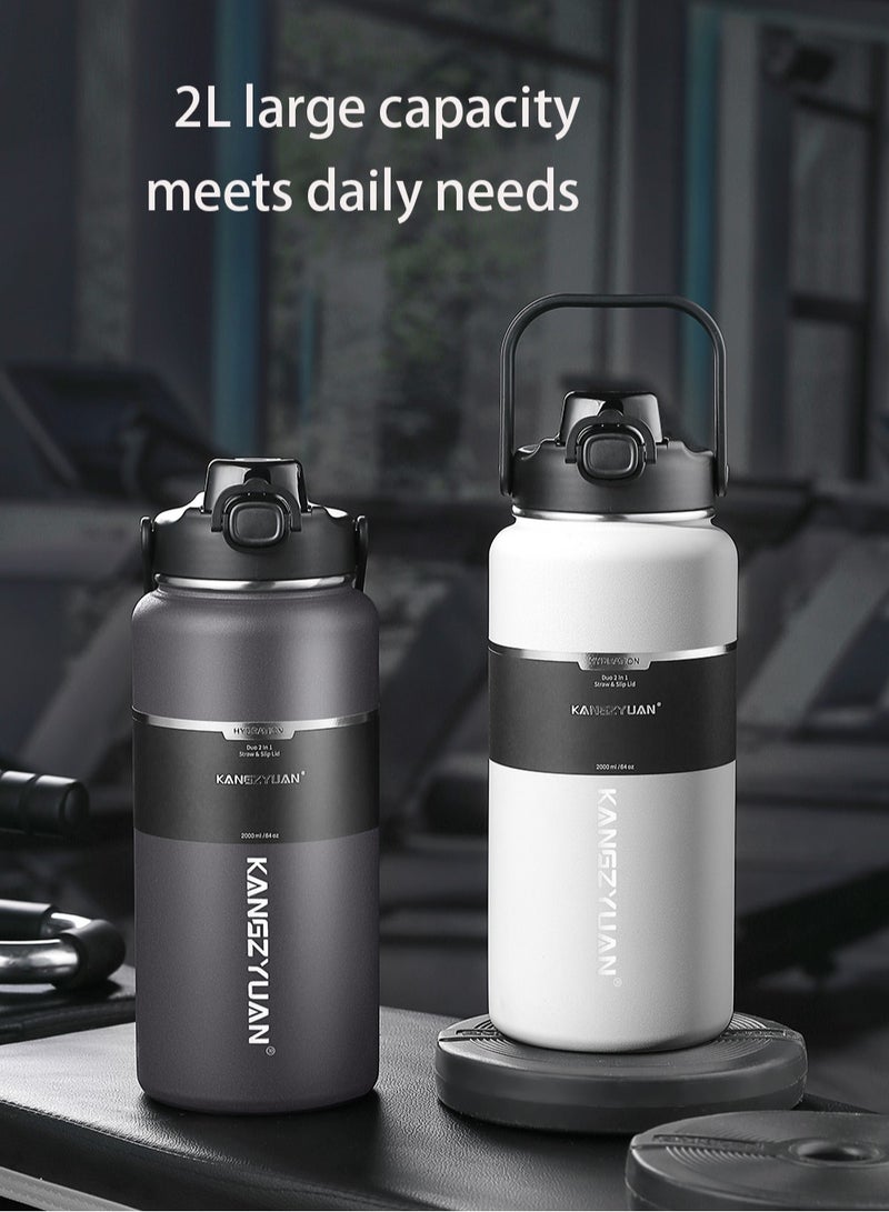 كانجزيوان زجاجة مياه معزولة من الفولاذ المقاوم للصدأ مع شفاطة 2000 مل، تحافظ على المشروبات الساخنة والباردة، ترمس مزدوج الجدار للمشروبات الساخنة والباردة للصالة الرياضية والعمل 2 لتر - Image 2