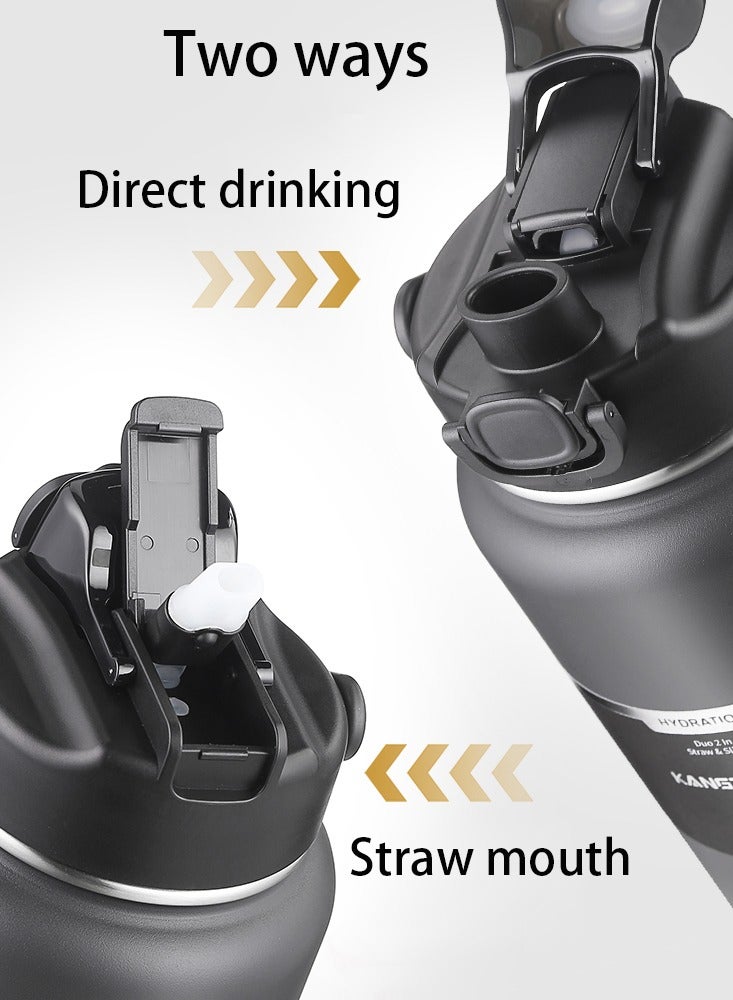 كانجزيوان زجاجة مياه معزولة من الفولاذ المقاوم للصدأ مع شفاطة 2000 مل، تحافظ على المشروبات الساخنة والباردة، ترمس مزدوج الجدار للمشروبات الساخنة والباردة للصالة الرياضية والعمل 2 لتر - Image 3