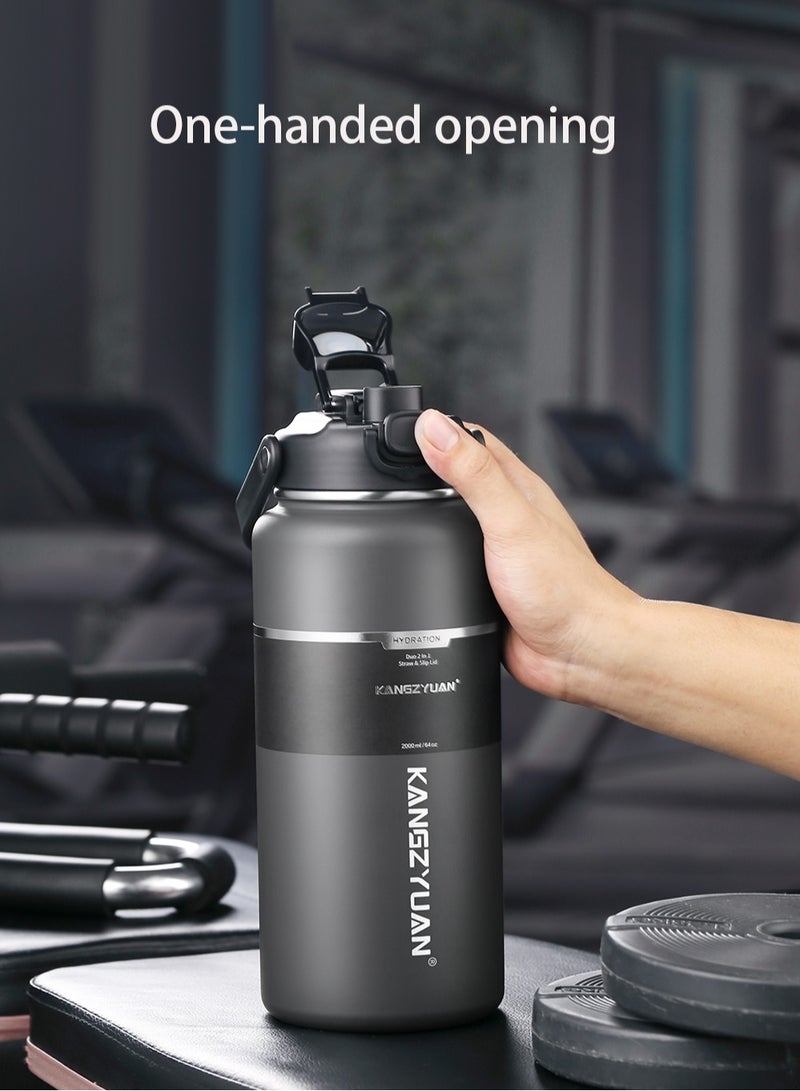 كانجزيوان زجاجة مياه معزولة من الفولاذ المقاوم للصدأ مع شفاطة 2000 مل، تحافظ على المشروبات الساخنة والباردة، ترمس مزدوج الجدار للمشروبات الساخنة والباردة للصالة الرياضية والعمل 2 لتر - Image 4