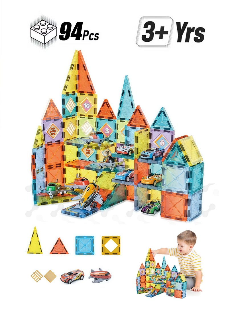 Magnetic Tiles Building Blocks Set STEM Educational Magnet Toys Thickened Montessori Creative Construction Toddler Preschool Learning Gifts for Kids Age 3-8 (94 Pcs Parking Lot Theme) - Image 1